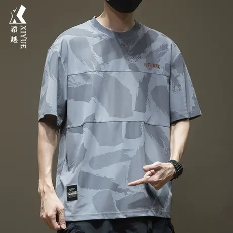 希越冰丝速干t恤男迷彩网眼透气短袖夏季薄款宽松大码五分袖男款商品大图
