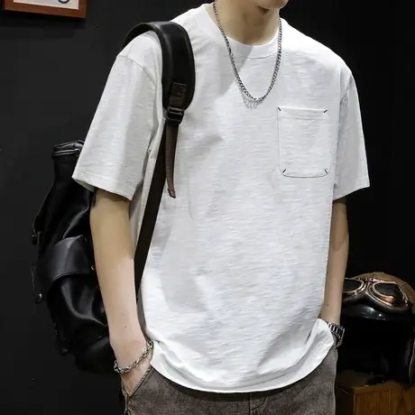 重磅白色短袖t恤男士半袖上衣潮牌大码2023新款男装加肥加大体恤商品大图