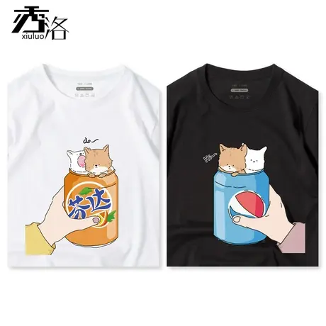 秀洛不一样的情侣装法国小众夏装可爱小猫卡通T恤男女短袖ins学生商品大图