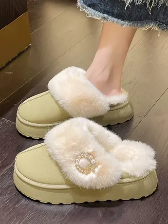 网红毛毛拖鞋女外穿2023新款秋冬松糕厚底加绒包头半拖防滑棉鞋子图片