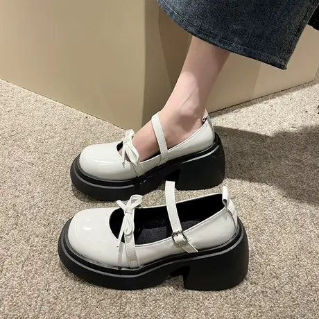 永希单鞋女春夏新款2023年浅口粗跟女鞋漆皮玛丽珍白色复古高跟鞋商品大图