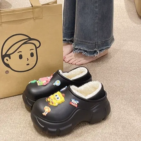 可爱棉拖鞋女冬季防水外穿卡通厚底增高室内家居加绒保暖包跟棉鞋商品大图