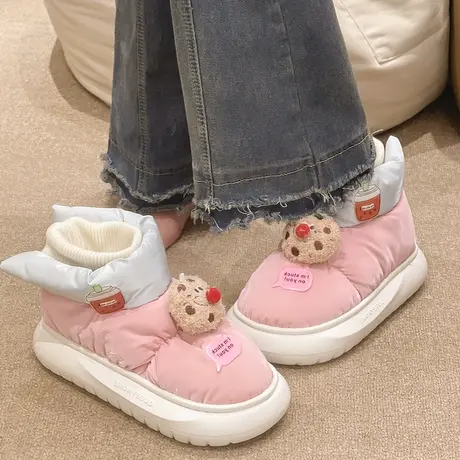 羽绒布防水棉拖鞋女冬季卡通可爱玩偶加绒加厚保暖外穿厚底雪地靴商品大图
