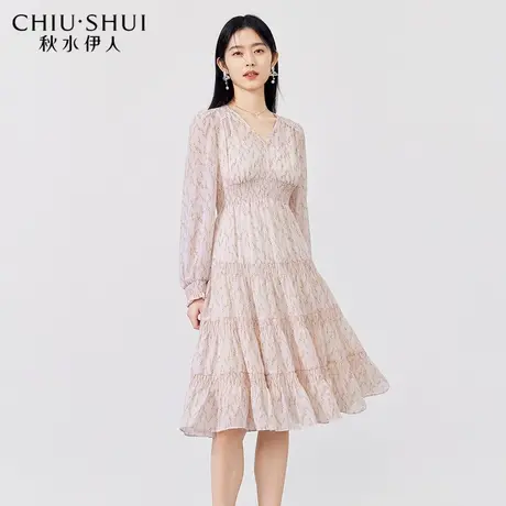 秋水伊人温柔风V领长裙2023秋季新款女装高腰连衣裙图片