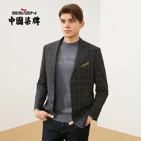 柒牌男士清仓混纺单西上衣帅气休闲婚礼宴会黑色格纹色织西服外套图片