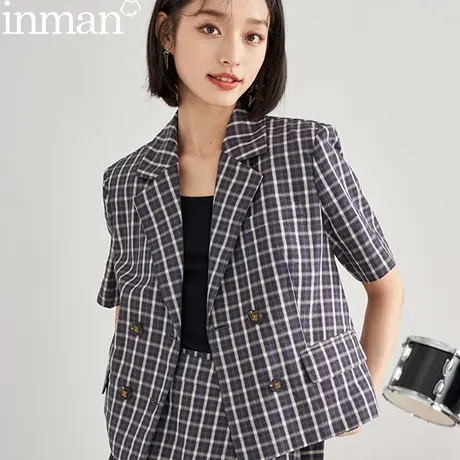 茵曼旗舰店格子短袖短款小西装女2023新款初秋季上衣小西服设计感图片