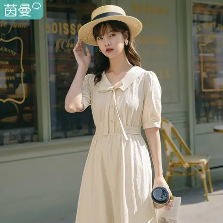 茵曼梨涡|复古文艺2023夏装新款翻领赠送领带珍珠纽扣开襟连衣裙商品大图