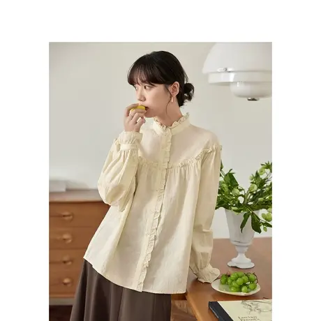 茵曼纯棉提花衬衣2023秋女装新款花边圆领长袖宽松显瘦百搭上衣商品大图