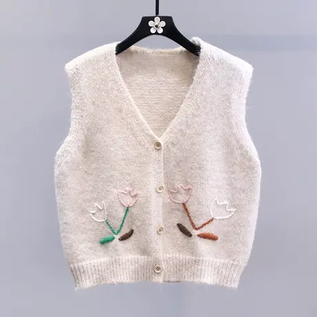 慵懒风绣花针织马甲外套女秋冬2023新款复古宽松外搭V领毛衣背心图片