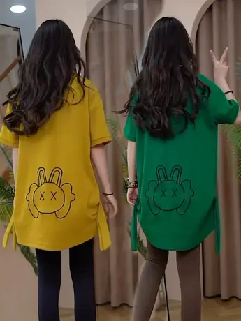 中长款卡通刺绣短袖T恤女2023夏季新款学生韩版宽松休闲百搭上衣商品大图