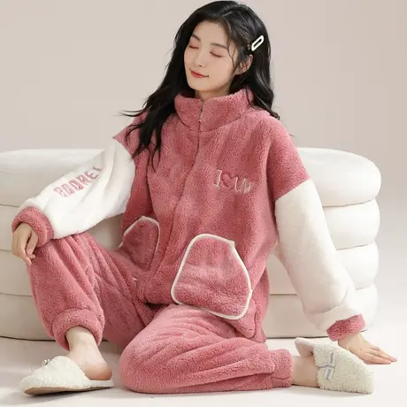 南极人女士睡衣女珊瑚绒加厚加绒冬季法兰绒家居服套装新款可外穿商品大图