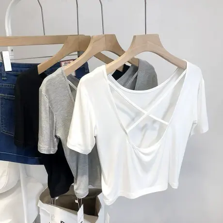 别致黑色纯欲风短袖T恤女夏季修身短款设计感辣妹心机露背上衣潮商品大图