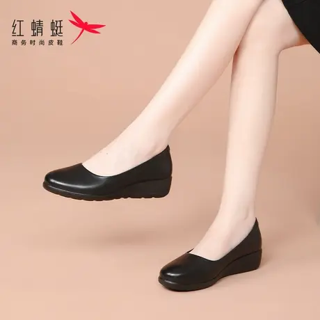 红蜻蜓女鞋春秋平底坡跟职业软底皮鞋女真皮妈妈牛皮单鞋黑色夏季商品大图