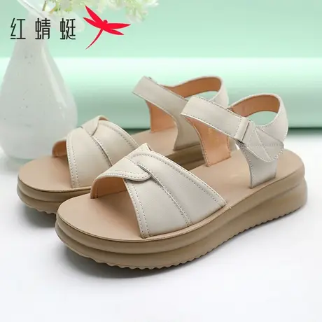 红蜻蜓女鞋2025夏季新款真皮一字带魔术贴凉鞋厚底软底舒适妈妈鞋图片