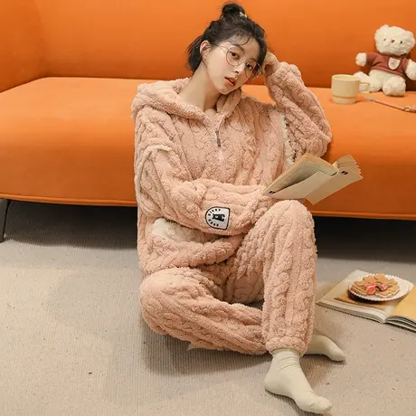 珊瑚绒睡衣女冬季套装2023新款秋冬加绒加厚拉链冬款家居服法兰绒图片