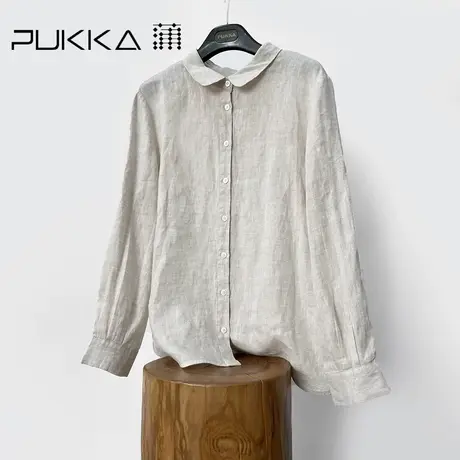蒲PUKKA 女装2023春装新品设计感亚麻休闲文艺显瘦翻领长袖衬衫商品大图