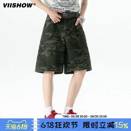 VIISHOW潮牌美式复古解构拼接迷彩牛仔短裤男夏季宽松百搭五分裤商品大图