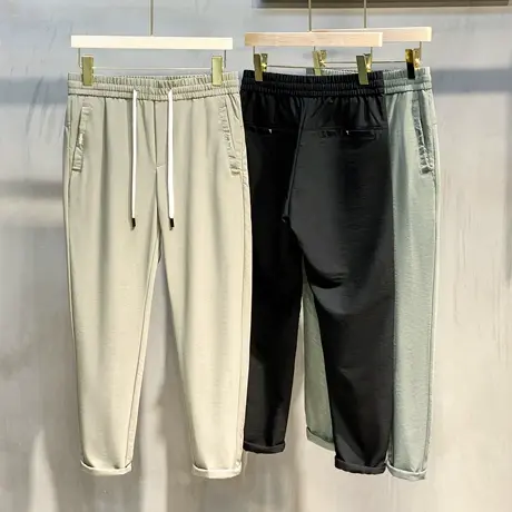 裤子男夏季冰丝薄款束脚空调裤九分休闲裤男士修身小脚潮流速干裤商品大图