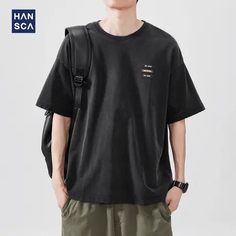 hansca 夏季黑色圆领纯棉短袖T恤男款2025新款潮牌绣章微落肩上衣商品大图