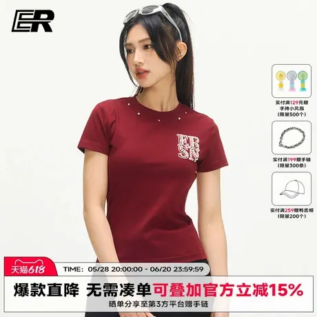 ER珍珠字母短袖t恤夏季2025新款国潮牌圆领宽松修身显瘦5分袖商品大图