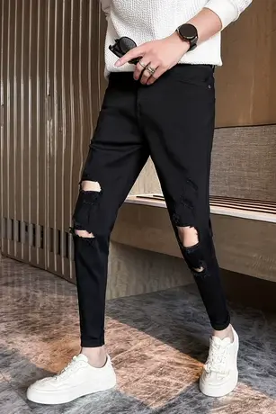 2023秋款男士纯黑色破洞长裤网红高街潮牌男铅笔裤学生休闲小脚裤商品大图