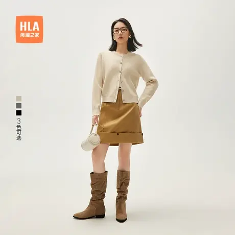 HLA/海澜之家长袖直筒针织开衫秋季新款通勤保暖黑色圆领毛衣女装商品大图