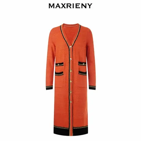 【奥莱】MAXRIENY橙色撞边毛织长外套开衫长大衣毛衫针织商品大图