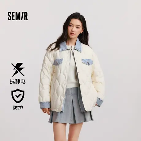 [商场同款]森马羽绒服女中长款防水拼接2024新款冬抗静电宽松外套商品大图