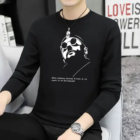 重磅纯棉卫衣男2023新款摇粒绒加绒黑色圆领无帽长袖t恤潮流百搭商品大图