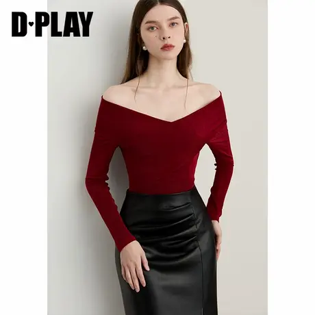 DPLAY2025年秋季新款红色t恤女复古一字领露肩弹力修身长袖上衣商品大图