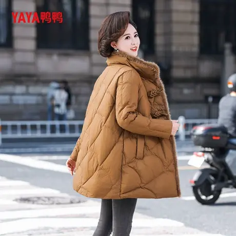 YAYA鸭鸭中年妈妈中长女款中老年盘扣立领毛边保暖时尚冬装羽绒服商品大图