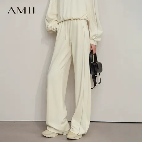 Amii2025秋新款极简休闲运动风微弹宽松阔腿抽绳橡筋腰休闲长裤商品大图