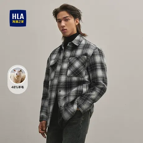 HLA/海澜之家休闲夹克2025秋冬新款翻领衬衫式格纹含羊毛外套男图片