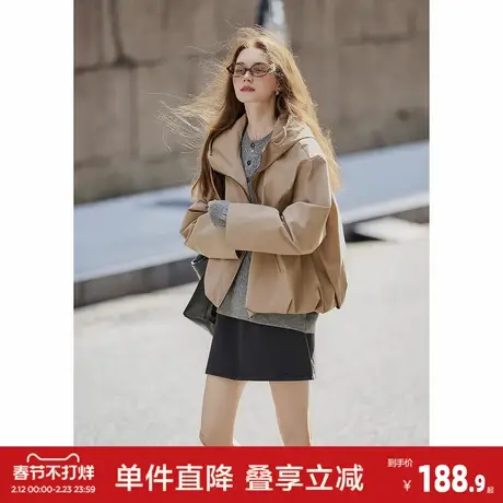唐狮2026春秋季女连帽净色外套卡其短款时尚小众设计感小个子穿搭商品大图