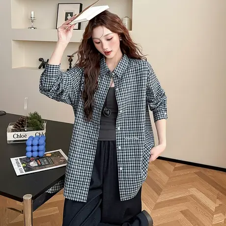 唐狮春秋格纹衬衫女长袖藏青时尚百搭休闲宽松气质好看衬衣BLtu图片