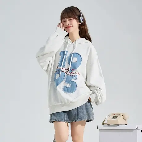 唐狮春季新款针织连帽卫衣女牛仔贴布绣套头帽衫女士长袖卫衣TD图片