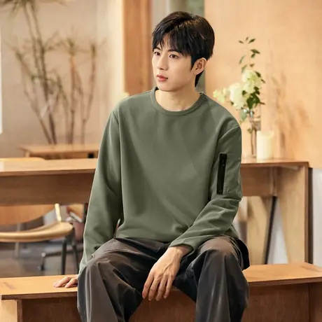 唐狮春秋新款男长袖t恤华夫格圆领宽松上衣口袋内搭打底衫潮tTD图片