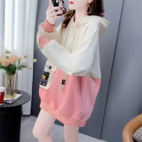 中长款拼色连帽卫衣女春秋2023年新款宽松慵懒风洋气减龄休闲上衣商品大图