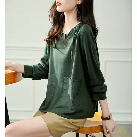 宝诗黎2023圆领针织拼接卫衣女流行百搭设计感长袖纯色宽松上衣秋商品大图