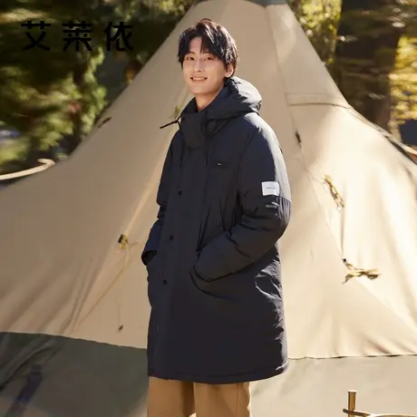 艾莱依冬季户外羽绒服男中长款连帽时尚宽松新款黑色保暖工装外套图片