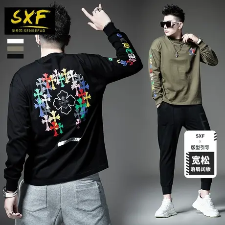 SXF圣希梵长袖T恤男 落肩宽松男装秋季新款印花潮牌上衣男士体恤商品大图