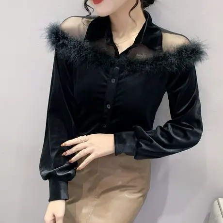 网纱拼接气质衬衫女春秋2023新款POLO领毛毛边丝绒打底上衣长袖潮图片