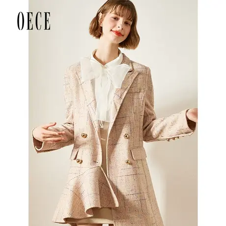 【买1送1】Oece冬季新款设计感个性拼接西装领双面呢大衣毛呢外套商品大图