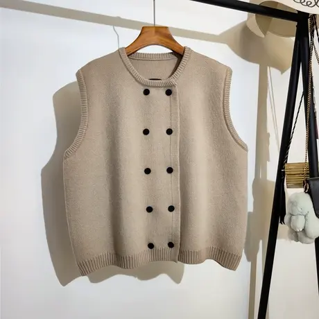 双排扣针织马甲开衫女秋冬2023新款圆领显瘦无袖坎肩毛衣背心外套商品大图
