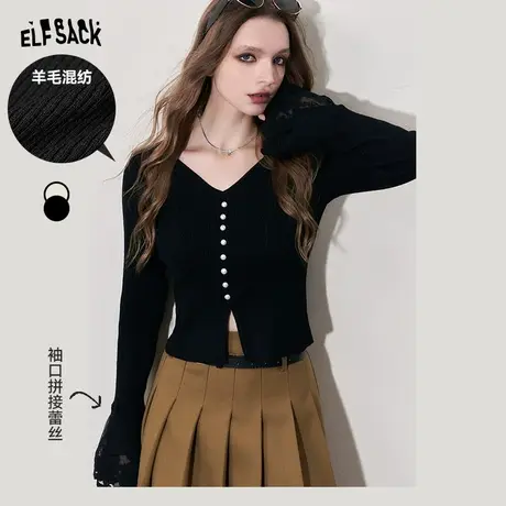 妖精的口袋v领内搭针织衫女2023冬新款小个子修身拼接蕾丝打底衫图片