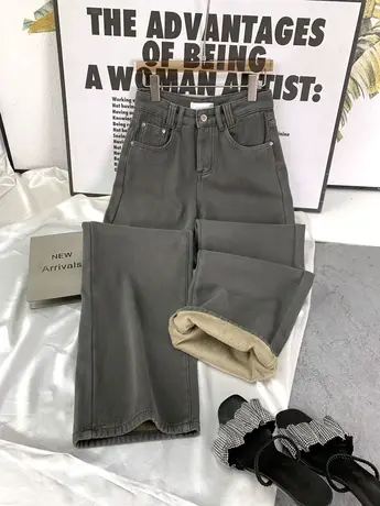 2023冬季加厚绒牛仔直筒裤女显瘦百搭宽松休闲阔腿裤保暖烟管长裤图片