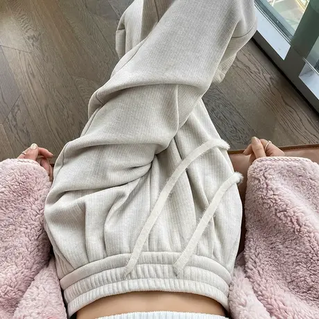 窄版阔腿糯米裤秋冬女新款高腰显瘦垂感加绒加厚针织休闲直筒长裤商品大图
