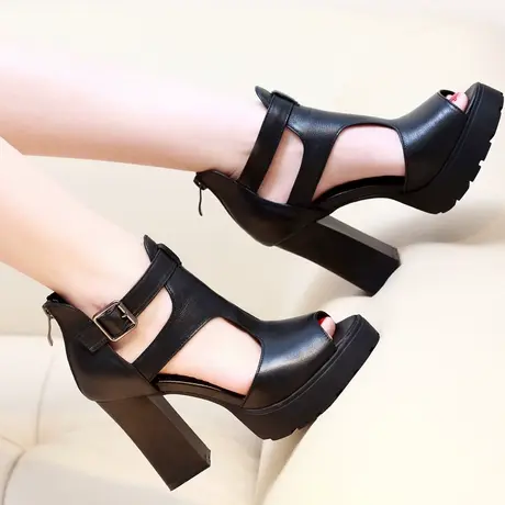 高跟鞋皮鞋夏天女鞋鱼嘴凉鞋高跟防水台真皮罗马鞋秋季粗跟鱼嘴鞋图片