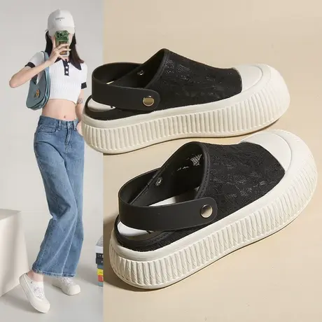 包头半拖鞋女夏季外穿2023新款网纱面透气懒人后绊带两穿小白凉鞋图片