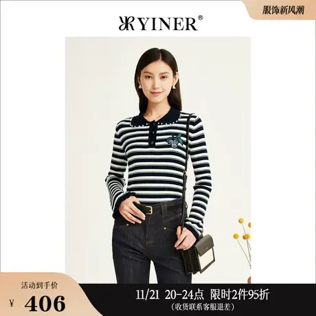 [美丽诺羊毛]YINER音儿专选女装冬款绣花钉珠条纹羊毛衫商品大图